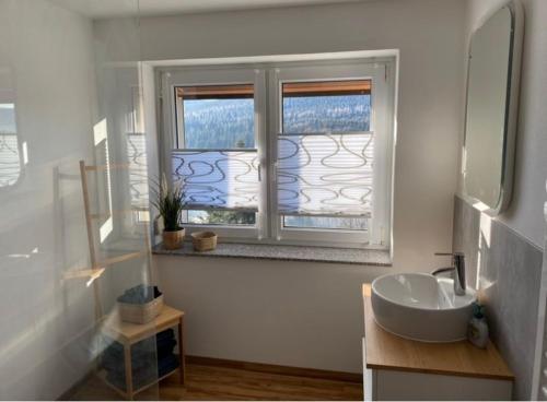 ein Bad mit einem Waschbecken und einem Fenster in der Unterkunft Morgensonne in Arnoldshammer