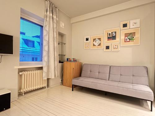 a living room with a couch and a window at Central Helsinki Punavuori 40m2 entire flat in Helsinki