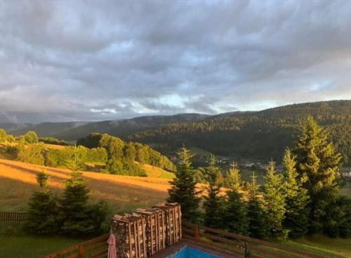 a pool in a field with mountains in the background at Morgensonne in Arnoldshammer