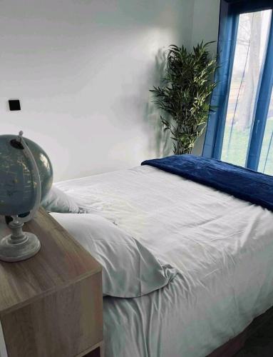 1 dormitorio con 1 cama con mesa y planta en Petit chalet au cœur de la forêt proche Disney, en La Houssaye-en-Brie