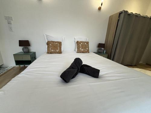 a large white bed with two black pillows on it at Le Repère des Pilotes - Gare - 11p - Rêve au Mans in Écommoy