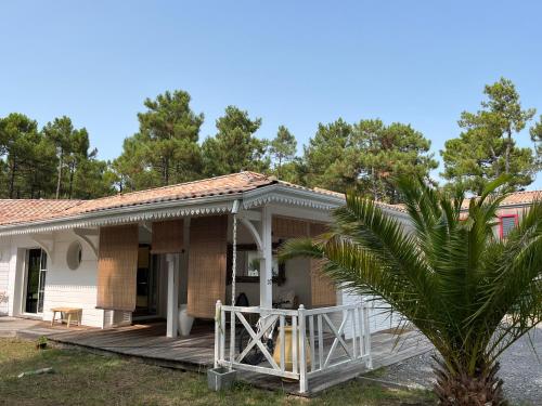 una casa con un porche y una palmera en LA VILLA DES PINS, en Lacanau-Océan