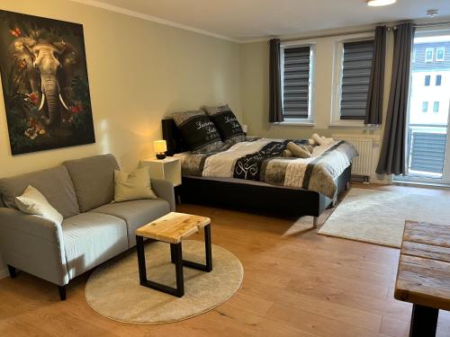uma sala de estar com uma cama e um sofá em Studio an der Elbe mit Balkon, Küche und Netflix em Dresden