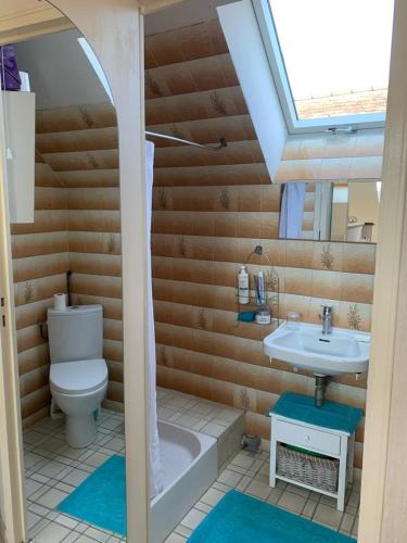 une salle de bain avec toilettes et lavabo dans l'établissement Capucine, à Noyen-sur-Sarthe