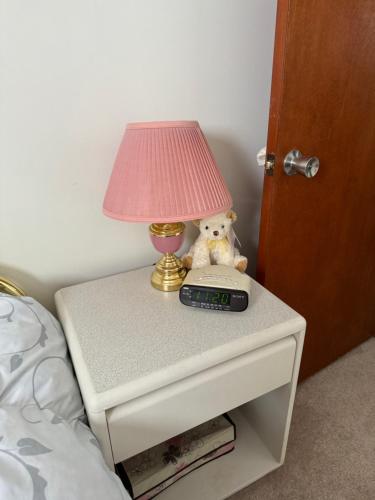a table with a lamp and a teddy bear on it at bnwdm in Winnipeg