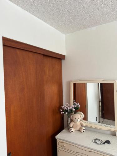 a teddy bear sitting on a dresser in front of a mirror at bnwdm in Winnipeg