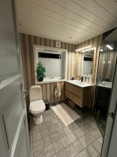 bagno con servizi igienici e lavandino di Flott hytte med panoramautsikt og privat strand a Stavang