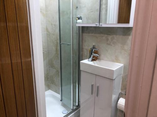 a bathroom with a shower and a sink at Callcote road Hotel in London