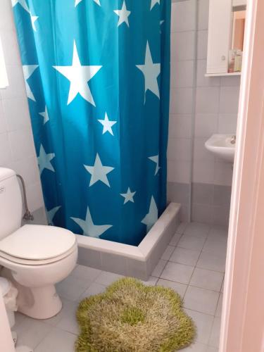 een badkamer met een blauw douchegordijn met sterren erop bij a comfortable studio near the University in Patra