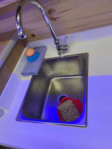 a sink in a kitchen with a sponge and a brush at הקראוון של תומר in Eilat