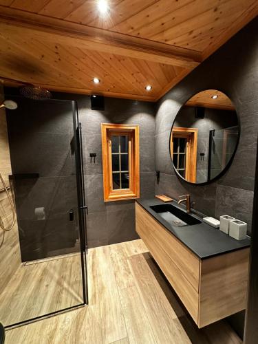 a bathroom with a shower and a sink and a mirror at Trysil Moderna Lodge in Trysil
