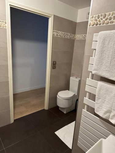 une salle de bain avec WC et une porte avec serviettes dans l'établissement New Upscale 1 bedroom Apartment, à Paris