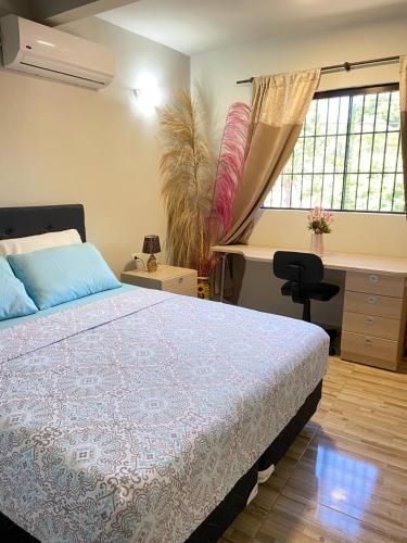 um quarto com uma cama, uma secretária e uma janela em Apartamento entero en Caacupé. em Caacupé