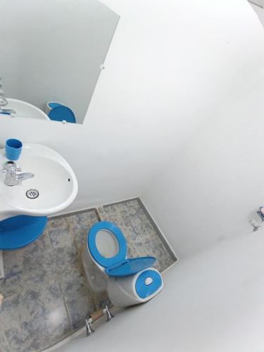 a bathroom with a blue toilet and a sink at Hostal Principio Tayrona in Calabazo