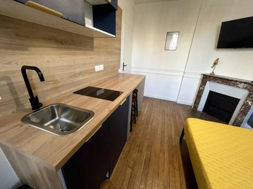 une cuisine avec évier et comptoir avec cheminée dans l'établissement Studio Vintage : proche Paris, à Ivry-sur-Seine