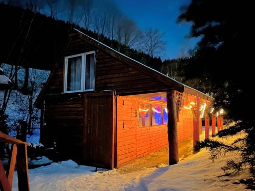 斯托尼拉斯奇的住宿－Chata Ignasia pod Śnieżnikiem 1 na działce，雪中带圣诞灯的小屋