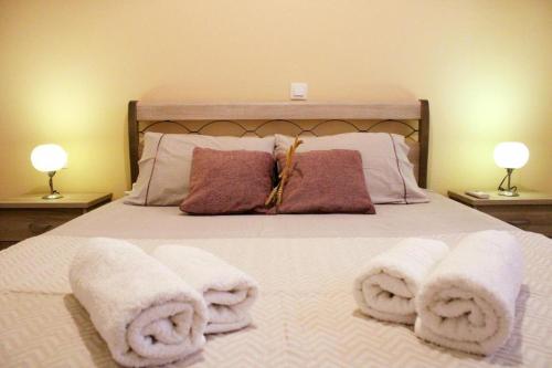 a bedroom with a bed with towels on it at Alegria apartments in Gaios