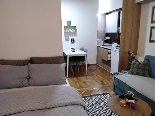 uma sala de estar com um sofá e uma mesa em Fina Apartment em Leskovac