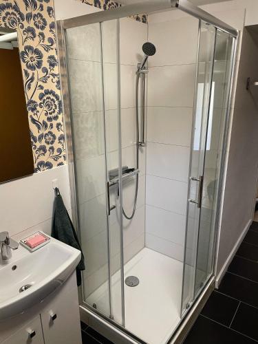 a shower with a glass door next to a sink at Gemütliche Ferienwohnung Leinde in Wolfenbüttel