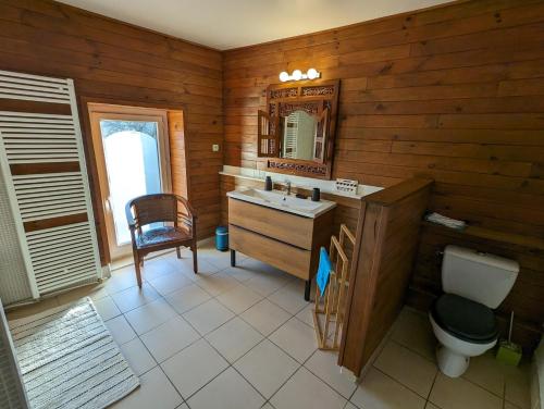 ein Badezimmer mit Waschbecken, Toilette und Spiegel in der Unterkunft La maison de Joe in Beaumont