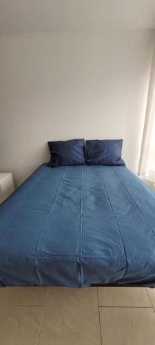 un letto con un piumone blu e due cuscini di Studio fonctionnel proche RER B a Palaiseau