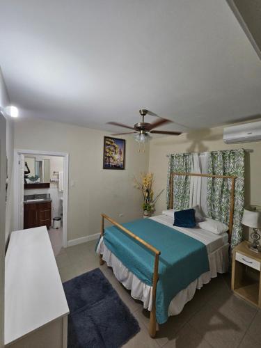 - une chambre avec un lit et un ventilateur de plafond dans l'établissement Summer Breeze Villa, à Lucea