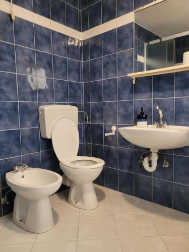 ヴーシにあるApartmani FILTEAの青いタイル張りのバスルーム(トイレ、シンク付)