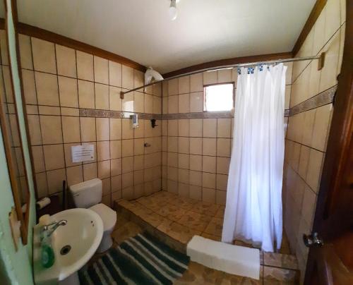 a bathroom with a toilet and a sink at Granja los Campesinos in Monteverde Costa Rica
