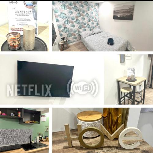 a collage of pictures of a room with a bed and a table at STNAHOME 60110 L'escale Douillette in Amblainville