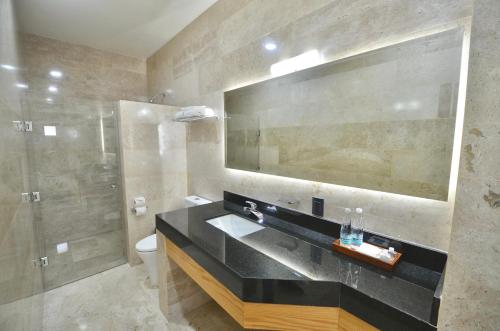 a bathroom with a sink and a toilet and a mirror at Hotel Plaza Rioverde in Río Verde