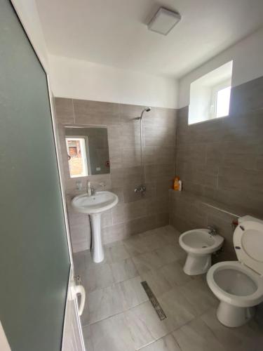 a bathroom with two toilets and a sink at VILA DISHA in Tirana