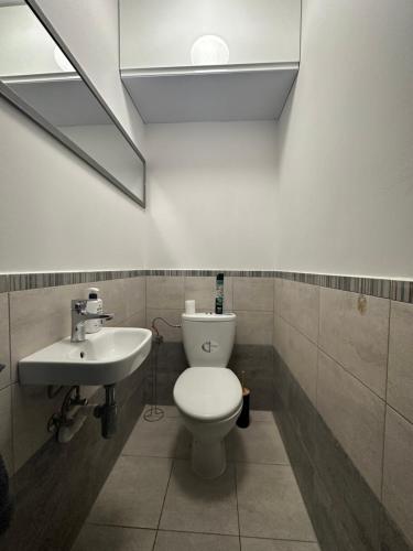 a bathroom with a toilet and a sink at Apartament Oksford 3 in Okszów
