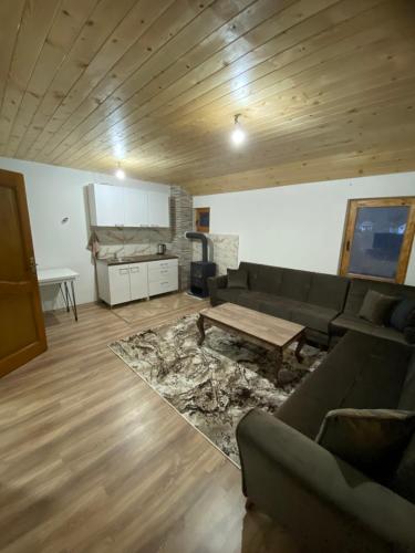 uma sala de estar com um sofá e uma mesa em Villa Troi Rugovë Pejë em Pec