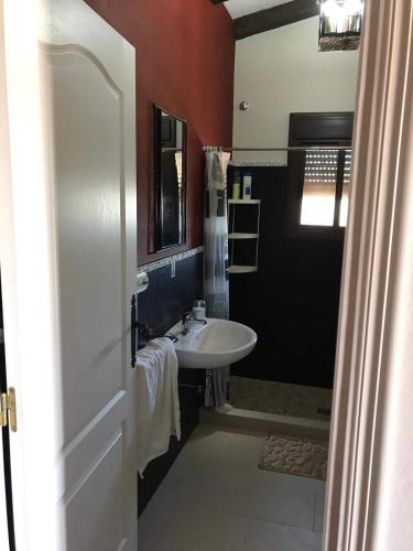 a bathroom with a white sink and a shower at La sombra del lagarto in Peñaflor