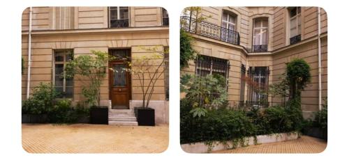 dos fotos de un edificio con una puerta y una escalera en Loft Madeleine, en París