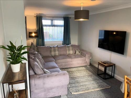 a living room with a couch and a tv at Springbank Holiday Home in Dunfermline