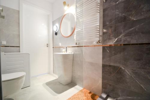 a bathroom with a sink and a toilet and a mirror at Apartament Garnizon z ogródkiem in Gdańsk