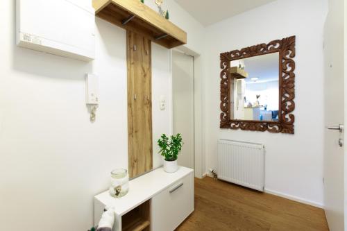 a bathroom with a mirror and a white sink at Wohlfühlapartment 24 in Götzis