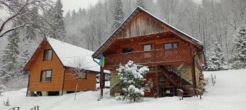 a large wooden cabin in the snow with snow covered trees at Під горою 2 in Sheshory