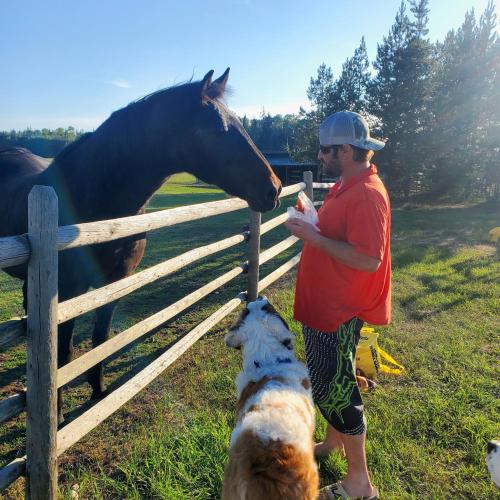 a man standing next to a horse and a dog at Woodhouse Cottages And Ranch in Prince George