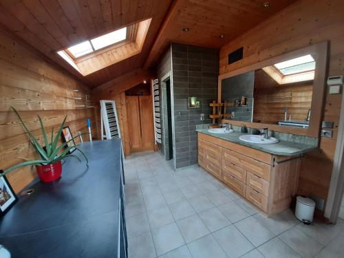 a large bathroom with two sinks and a mirror at Chalet avec vue panoramique sur les Montagnes du Mole et la chaîne des Aravis piscine chauffée à 5 min des pistes de la station des Brasses in Viuz-en-Sallaz