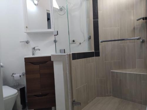 ein Bad mit einer Dusche, einem Waschbecken und einem WC in der Unterkunft Cozy 2-BR Apt with mountain view in Medellín