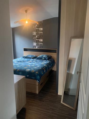 Dormitorio pequeño con cama y espejo en Appartement avec roof top, en Saint-Brice-sous-Forêt