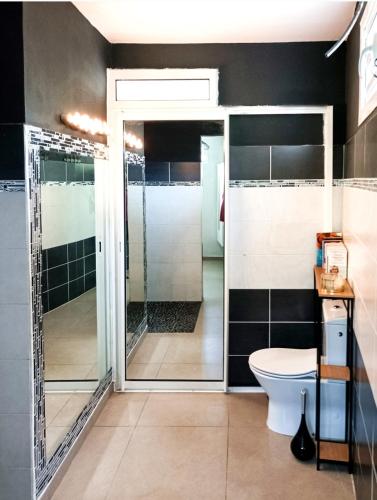 uma casa de banho com um WC e uma cabina de duche em vidro. em Villa orchidée em Les Abymes