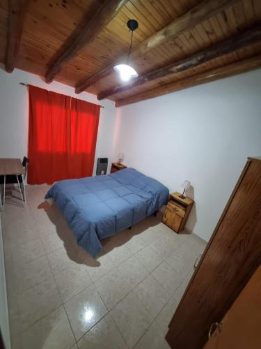 a bedroom with a blue bed and a red curtain at Cuarta División Apartments in Malargüe