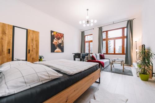 a bedroom with a large bed and a living room at Modern living in city centre in Košice