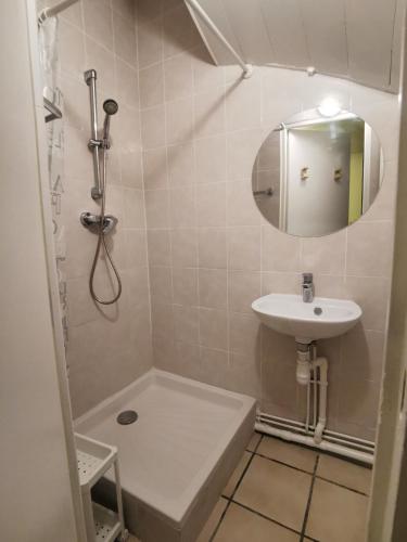 a small bathroom with a shower and a sink at L'Cosy Suite - Charming 2BR in Bagnolet in Bagnolet
