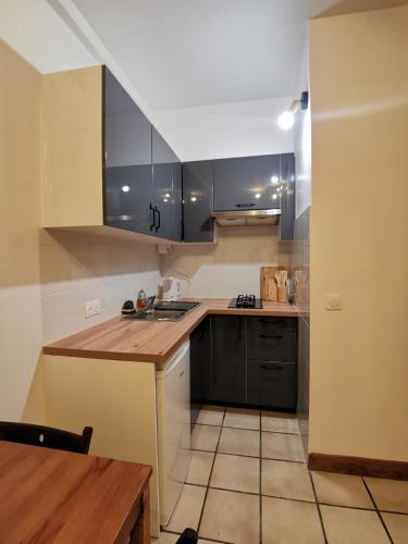 une cuisine avec des armoires noires et un comptoir dans l'établissement L'Cosy Suite - Charming 2BR in Bagnolet, à Bagnolet