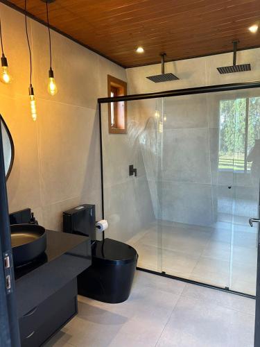 a bathroom with a shower and a toilet and a sink at Ávora Cabana in Cambara do Sul