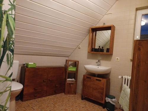 a bathroom with a sink and a mirror at Weinberg-Ferienwohnung, Oberrotweil in Oberrotweil